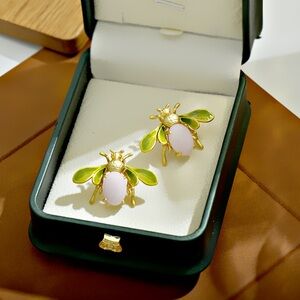 Gold Bee Stud Earrings with Pink Stone and Green Enamel Wings